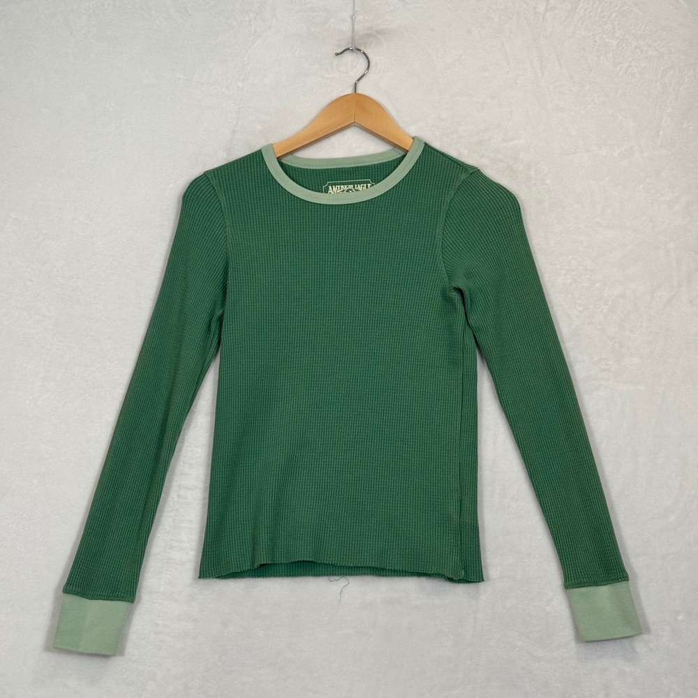 American Eagle Green Waffle Knit Long Sleeve Thermal Top Small